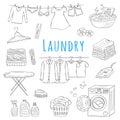 Laundry service hand drawn doodle icons set, vector illustration.