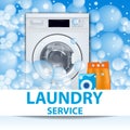 Laundry service poster or banner. Washing machine front loading background with soap bubbles. 3d realistic illustration. Front Royalty Free Stock Photo