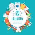 Laundry service poster design. Icons circle label with text