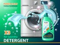 Laundry service. Realistic steel washing machine with detergent, water splashes and flying soap bubbles. Professional