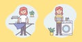 Laundry Service, Routine, Housework Concept. Set Of Isolated Icons With Female Character Washing And Ironing Fresh Royalty Free Stock Photo