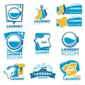 Laundry service vector template icons set of linen, washing machine and detergent