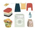 Laundry set isolated elements powder, washing machine, wet clothes with clothespins, folded clothes and a basket with