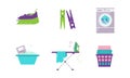 Laundry set, washing machine, basin, clothespin, iron, ironing board vector Illustration on a white background