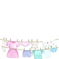 Laundry. Template, border with bed linen and clothes, dress, apron, stockings, T-shirt, shorts, underpants. Watercolor