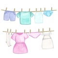 Laundry. Template, border with clothes, dress apron, stockings, T-shirt shorts underpants. Watercolor illustration on a