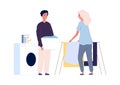 Laundry time. Couple make washing clothing. Happy man and woman in bathroom with wash mashine vector illustration Royalty Free Stock Photo