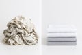 Before and after laundry transformation with crumpled clothes and neatly folded stack side by side. concept of organization, clean Royalty Free Stock Photo