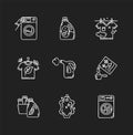 Laundry types chalk white icons set on black background. Coin wash service, washing machine, steam and eco dry cleaning Royalty Free Stock Photo