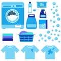 Laundry washer machine with detergent flat vector set isolated on white background.