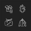 Laundry, washing types chalk white icons set on black background. Leather dry cleaning and stain removal, express