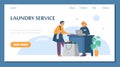 Laundry web banner with customer bringing clothes, flat vector illustration.