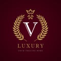 Luxury calligraphic letter V crown key monogram logo Royalty Free Stock Photo