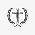 Laurel leaf surrounds the Christian cross sticker icon Royalty Free Stock Photo