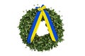 Laurel wreath with a commemorative yellow-blue ribbon