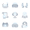 Laurel wreath, Laureate medal and Arena stadium icons set. Victory, Scuba diving and Sports stadium signs. Vector