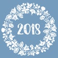 Laurel wreath New Year 2018 white vector frame isolated on blue background