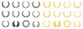 Laurel wreath of victory icon. Set black and gold silhouette circular laurel foliate, wheat and oak wreaths depicting an award