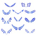 Laurel wreaths with blue watercolor flowers and branches