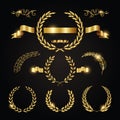 Laurels and decorative frame banner golden design set