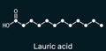 Lauric acid, dodecanoic acid, C12H24O2 molecule. It is a saturated fatty acid. Structural chemical formula on the dark blue