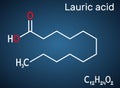 Lauric acid, dodecanoic acid, C12H24O2 molecule. It is a saturated fatty acid. Structural chemical formula on the dark blue