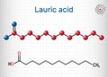 Lauric acid, dodecanoic acid, C12H24O2 molecule. It is a saturated fatty acid. Structural chemical formula and molecule model. Royalty Free Stock Photo