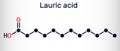 Lauric acid, dodecanoic acid, C12H24O2 molecule. It is a saturated fatty acid