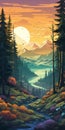 Laurie Greasley Inspired Forest Wallpaper With Mountain, Waterfall, And Sun Lighting