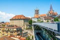 Lausanne scenic cityscape with Bessieres bridge and old town panorama with the Cathedral and clear summer blue sky Lausanne Vaud