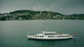 LAUSANNE, SWITZERLAND - APRIL 27, 2019. Aerial view of MS Titlis ship moving on the lake