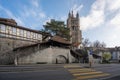 Escaliers du Marche Staircase and Pierre Viret Fountain with Lausanne Cathedral on background - Lausanne, Switzerland Royalty Free Stock Photo