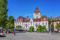 Lausanne, Switzerland, 07/30/2016: Old castle hotel on the shores of Lake Lemann in a rich European city