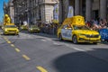 Lausanne, Vaud Canton, Switzerland -09.07.2022: Passage of an advertising car of yellow jersey LCL in the caravan of the Tour de