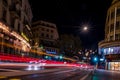Lausanne, Vaud , Switzerland - 01.10.2021: Car light trails over Lausanne city at night. Long exposure.