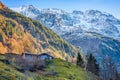 Lauterbrunen Valey and the path to the mountains in Stechelberg