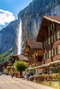 Lauterbrunnen, Switzerland street and waterfall Royalty Free Stock Photo