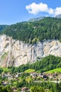 Lauterbrunnen, Switzerland photographed from above with famous Staubbach Falls. Summer Alpine landscape, Swiss Alps. Picturesque