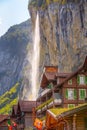 Lauterbrunnen, Switzerland street and waterfall Royalty Free Stock Photo