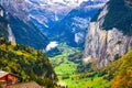 Lauterbrunnen, Switzerland valley from Wengen in the fall season with Staubbach Falls Royalty Free Stock Photo