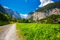 Lauterbrunnen valley with gorgeous waterfall and Swiss Alps in the background, Berner Oberland, Switzerland, Europe