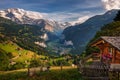 Lauterbrunnen valley in the Swiss Alps viewed from the alpine village of Wengen Royalty Free Stock Photo