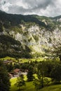 Lauterbrunnen valley, Switzerland. Swiss Alps. Village in mountains. Rocks and green meadows. Wooden houses, traditional