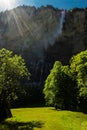 Lauterbrunnen village with famous Staubbach Falls. Swiss Alps, Switzerland