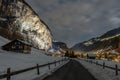 Lauterbrunnen village in the Interlaken Oberhasli district in the canton of Bern in Switzerland. Lauterbrunnen Valley in winter Royalty Free Stock Photo