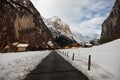 Lauterbrunnen village in the Interlaken Oberhasli district in the canton of Bern in Switzerland. Lauterbrunnen Valley in winter Royalty Free Stock Photo