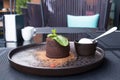 lava cake. Chocolate fondant. Traditional dessert of French cuisine with author\'s filling