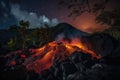 lava flow cascading down the side of a volcano, with orange and red flames visible in the night sky Royalty Free Stock Photo