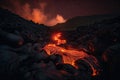 lava flow cascading down the side of a volcano, with orange and red flames visible in the night sky Royalty Free Stock Photo