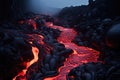 Lava flow in the crater of volcano Etna, Sicily, Italy, River of pahoehoe lava flowing down a cliff, AI Generated Royalty Free Stock Photo